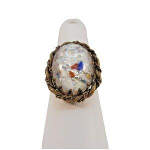 Vintage Art Glass Twisted Brass Adjustable Ring